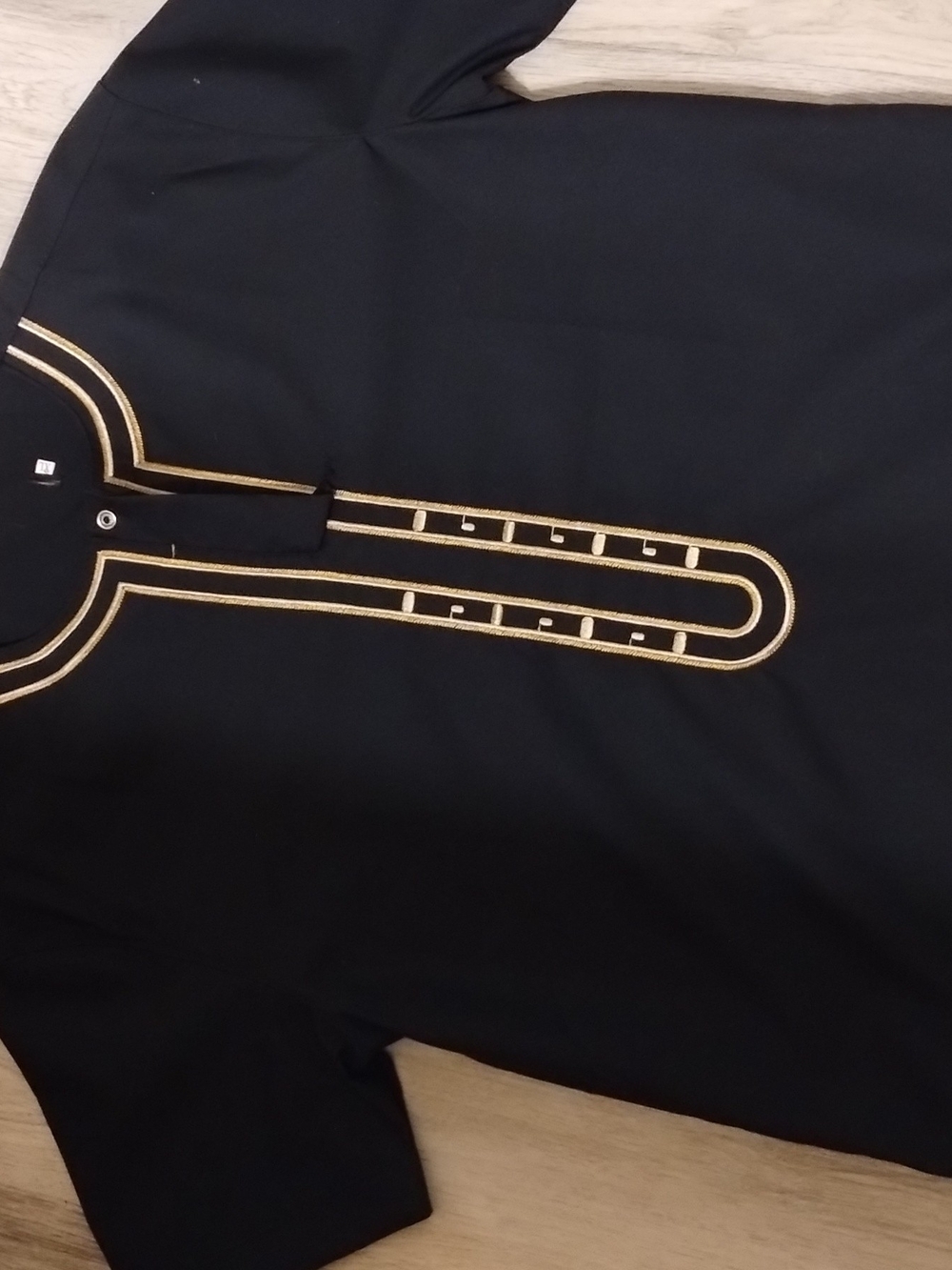 Black Short-Sleeve Tunic with Gold Embroidered Placket